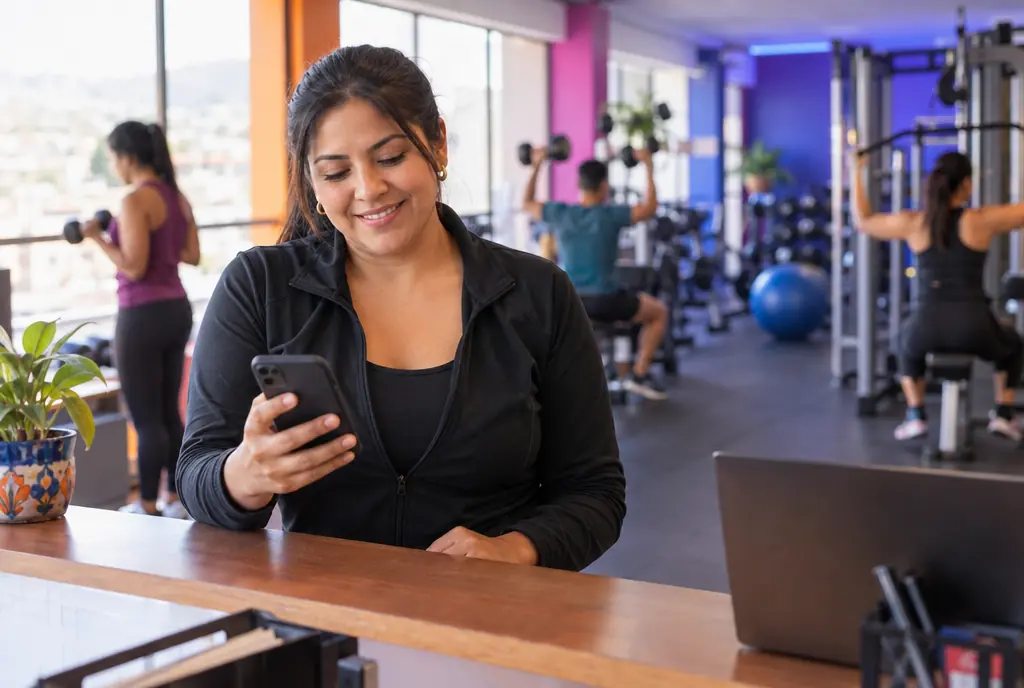 Dueña de un gimnasio revisando el celular en la recepción mientras sus socios entrenan al fondo
